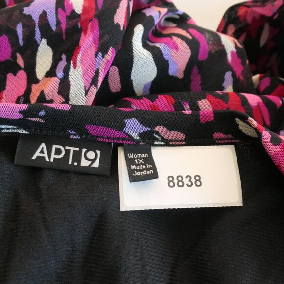 APT 9 Tunic Top Womens 1X Black Pink Ruffle V Neck Blouse 3/4 Sleeve Career Boho - Picture 8 of 8